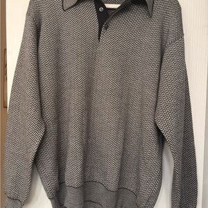 Bullock & Jones 100% Cashmere White and Black Herringbone Polo Sweater
